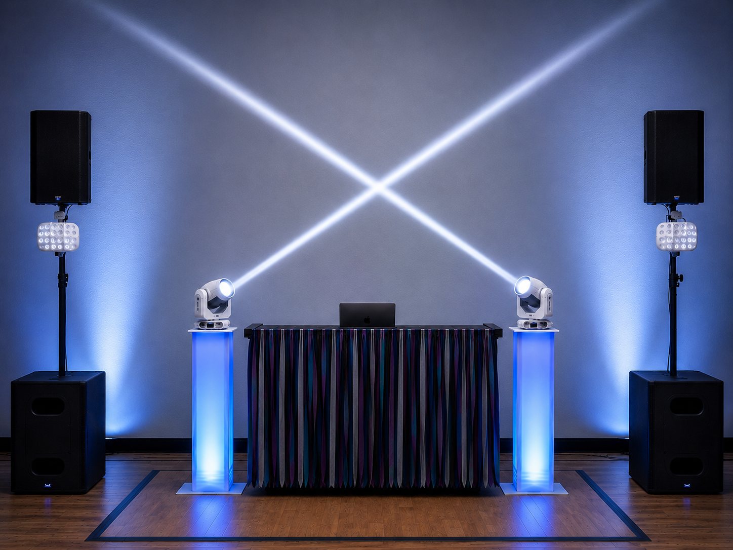 Blue uplighting and moving-head DJ lighting