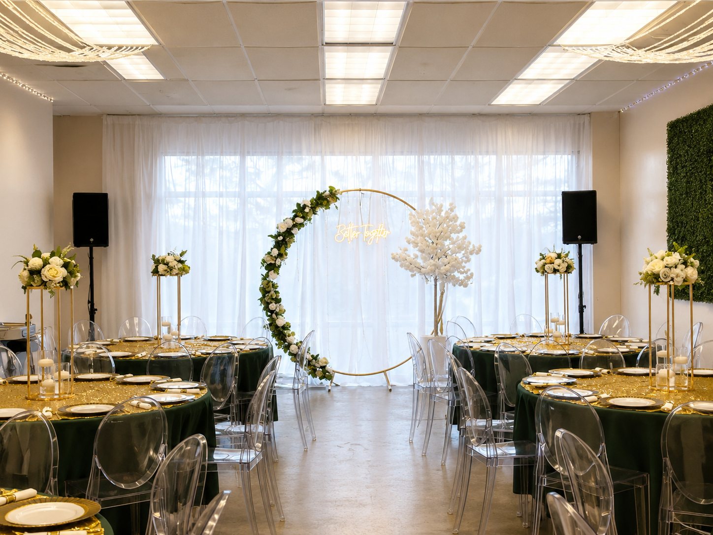 Elegant wedding reception room with professional speakers