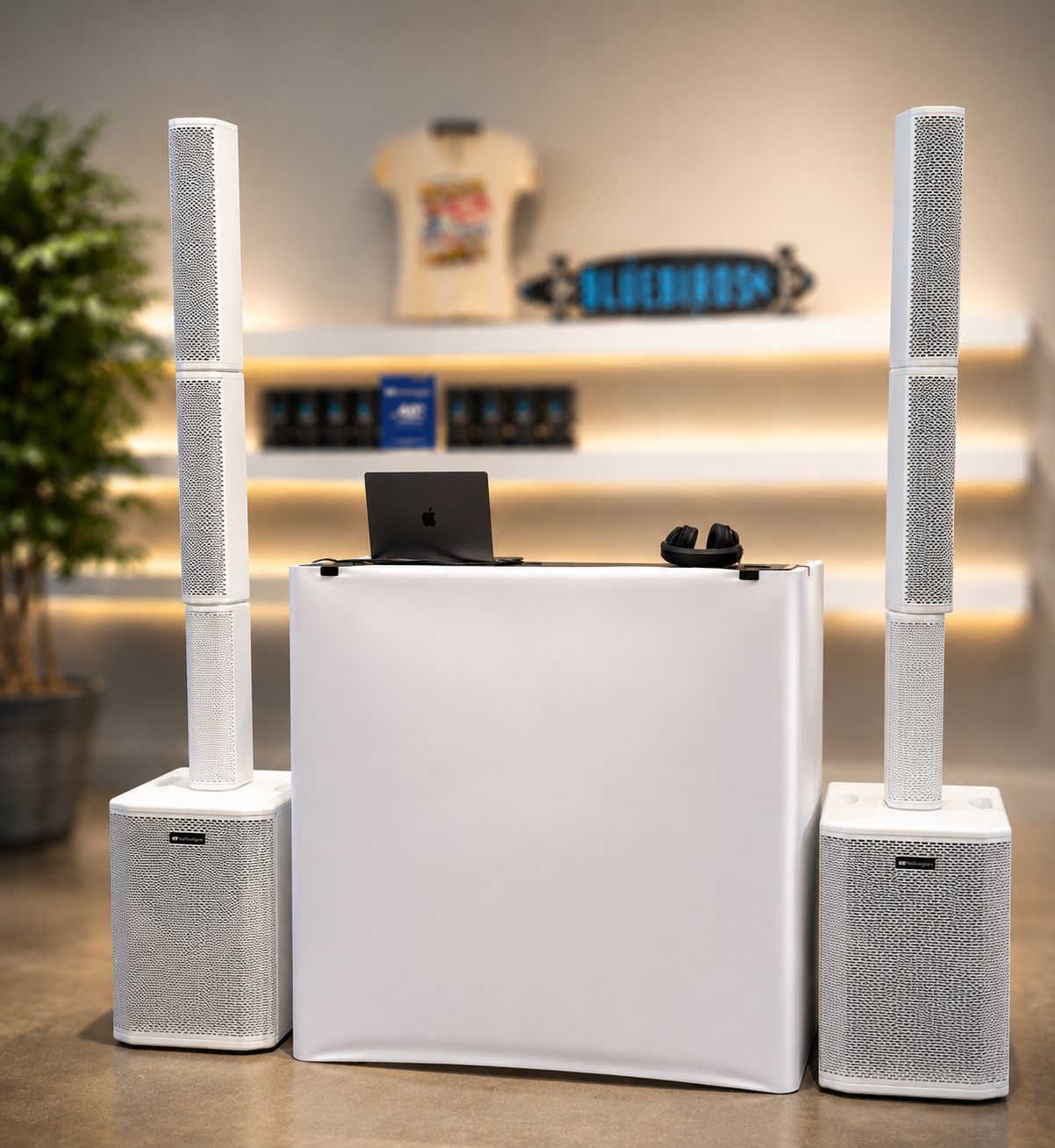 White column-array DJ sound system and booth